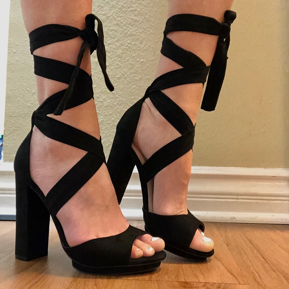 Lulu’s Dorian Black Suede Lace-Up Platform Heels